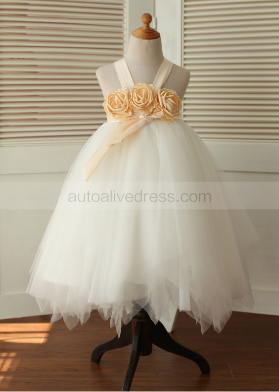 Champagne Flowers Ivory Tulle Handkerchief Hem Lovely Flower Girl Dress